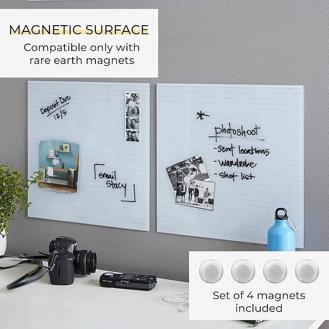 ECR4Kids MessageStor Magnetic Dry-Erase Glass Board with Magnets, 17.5in x 17.5in, Wall-Mounted Whiteboard, White Brick, 2-Pack