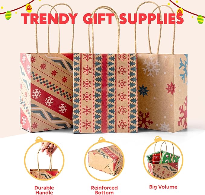 JOYIN 24 PCS Christmas Kraft Gift Bags with Handles, Reusable Xmas Paper Goody Wrap Craft Bags for Holiday Presents, Giant Gifts Decorations, Party Favors and Decor Supplies (5.25 x 4.25 x 2)