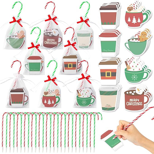 Xqumoi Christmas Coffee Cup Sticky Notes with Pen Gift Set - 24 Set Xmas Tree Self Sticky Writing Memo Pads Ballpoint Pens with Mesh Bag Party Favors School Classroom Rewards Office Suppliess