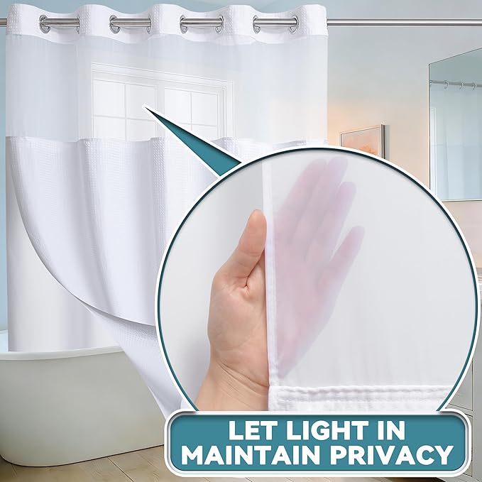 Conbo Mio Stall No Hook Waffle Weave Shower Curtain with Snap in Liner Set, Hotel Luxury White Shower Curtains for Bathroom with See Through Top Window, Waterproof, Washable 54W x 74H