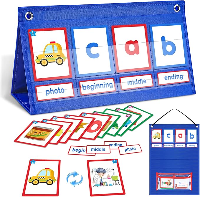 CVC Word Building Desktop Pocket Chart with 108 Phonics Flash Cards for Early Reading & Spelling | Alphabet Learning Tools for Preschool, Kindergarten, and Homeschooling