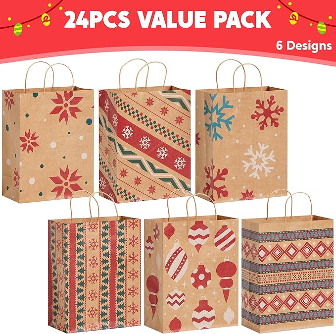JOYIN 24 PCS Christmas Kraft Gift Bags Xmas Holiday Paper Goody Wrap Shopping Bags with Handles for Holiday Presents, Giant Gifts Decorations, Classrooms and Party Favors (10 x 13 x 5)