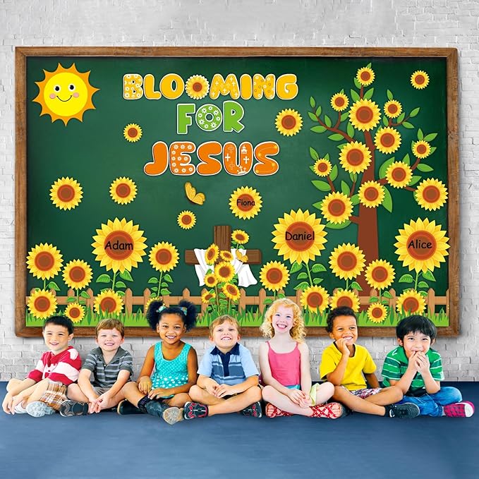 gisgfim Sunflower Bulletin Board Decoration Set Summer Religious Cutouts for Classroom School Welcome Blooming for Jesus Spring Christian Bulletin Board Craft Door Home Wall(Blooming for Jesus)