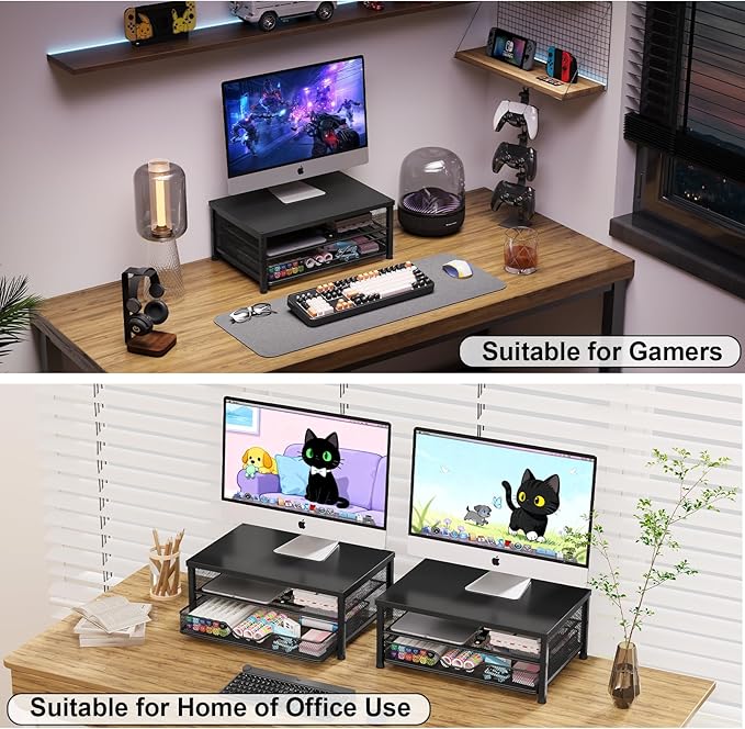 OPNICE Computer Monitor Stand Riser, Desk Organizer with Drawer, Laptop Stand, Office Desk Accessories & Workspace Desktop Organizers Storage for Office Supplies(Black 2-Pack)