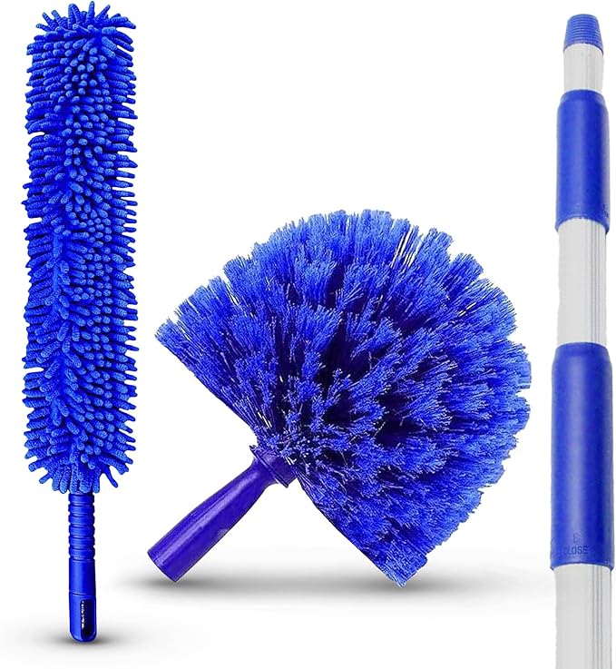 Ceiling Fan Duster Cobweb Duster, Extendable Reach 20 feet, | 3-Stage Aluminum Telescoping Pole | Extends for High Ceiling Duster | Long Handle Plus 2 Duster Heads