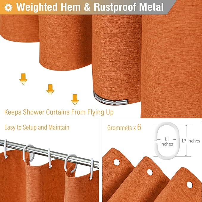 BTTN Stall Fabric Shower Curtain - 36x72 Inch Narrow Linen Textured Heavy Duty Shower Curtain Set with 6 Plastic Hooks, Half Neutral Minimalist Waterproof Modern Shower Curtains for Bathroom - Orange