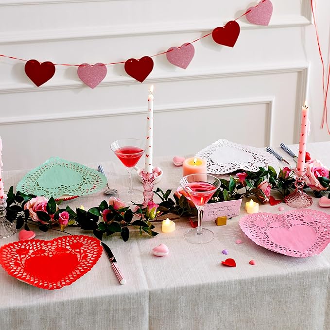 JOYIN 102 PCS 10" Valentines Day Heart Doilies, Tableware Decoration, Home Activitie, Kitchen Disposable Table Crafts, Red White Pink Green Heart Doilies