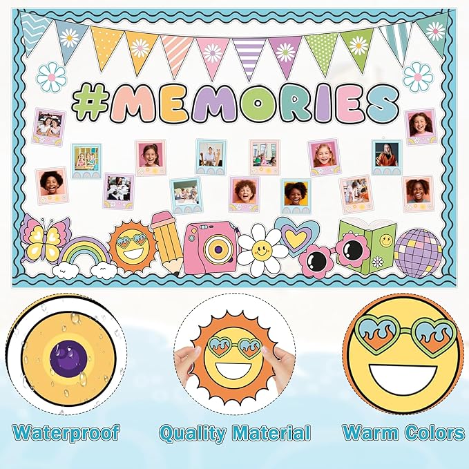 Groovy End of Year Bulletin Board for Classroom Decoration 2026 Graduation Memories Boho Retro Hippie Bulletin Board Set Rainbow Cutouts Daisy Diy Photo Picture Frame for Chalkboard Wall Teacher