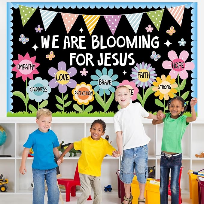 Naozinebi Spring Religious Christian Bulletin Board Sets Sunday School Decoration for Classroom Positive Floral Bulletin Board We are Blooming for Jesus Paper Cutout for Christian Church School Decor