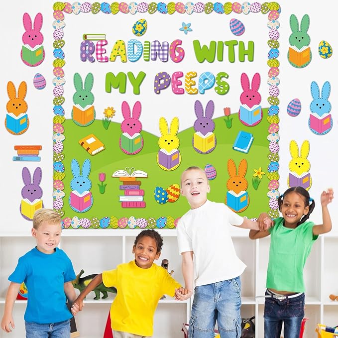 gisgfim Easter Reading Bulletin Board Decoration Set Spring Easter Bunny Egg Borders Cutouts Decor for Reading with My Peeps Bulletin Board Craft Spring Classroom School Library Home Wall(Bunny)