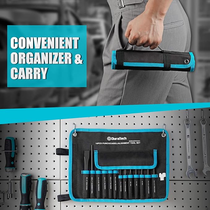 DURATECH 14 Piece Punch/Chisel/Alignment Tool Set, Including Pin, Center and Nail Punches, Alignment Tool, Cold Chisels, Chisel Gauge, with Rolling Pouch