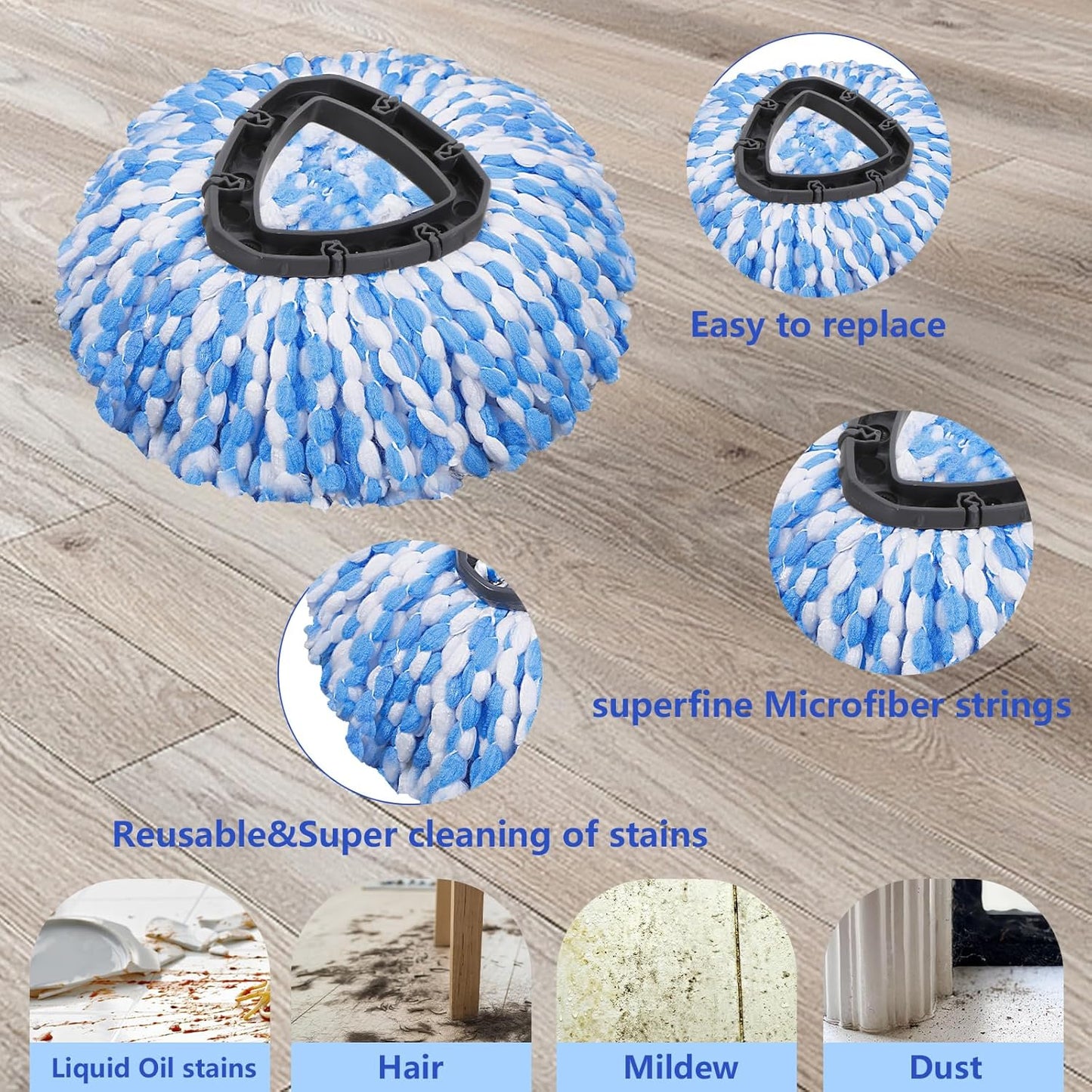 Mop Replacement Heads 6 Pcs & 1 Scrub Brush & 1 Base Combo,Spin Mop Replacement Head for Ocedar RinseClean 2-Tank System,Easy Cleaning,Microfiber,Machine Washable for Bathroom,Kitchen,Tub and Tile