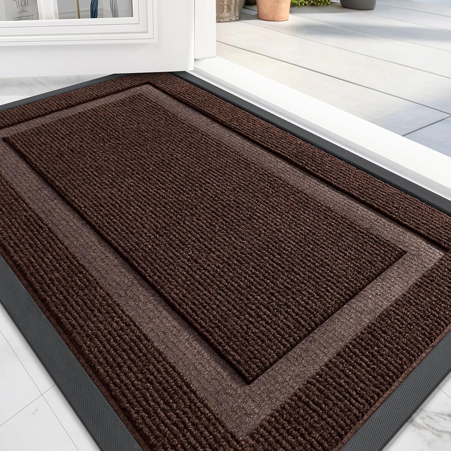 OLANLY Front Door Mat Indoor Outdoor Entrance, Waterproof All-Season, All-Weather Doormat, Sturdy Natural Rubber, Fade Resistant, Low Profile, Easy Clean Patio Porch Entryway Mat, 71x23, Dark Brown
