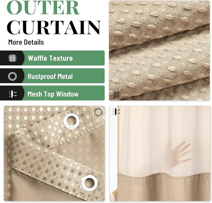 Dynamene Fabric Shower Curtain with Snap in Liner, Beige Waffle Hotel Shower Curtains for Bathroom, Washable Waterproof Cloth Shower Curtain Liner Set with Plastic Hook, Mesh Top Window, 72x72, Beige