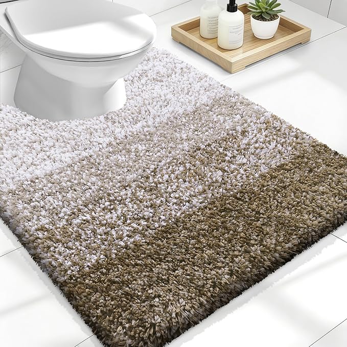 OLANLY Luxury Toilet Rugs U-Shaped 24x20, Extra Soft and Absorbent Microfiber Bathroom Rugs, Non-Slip Plush Shaggy Bath Mat, Machine Wash Dry, Contour Bathroom Mats for Toilet Base, Coffee