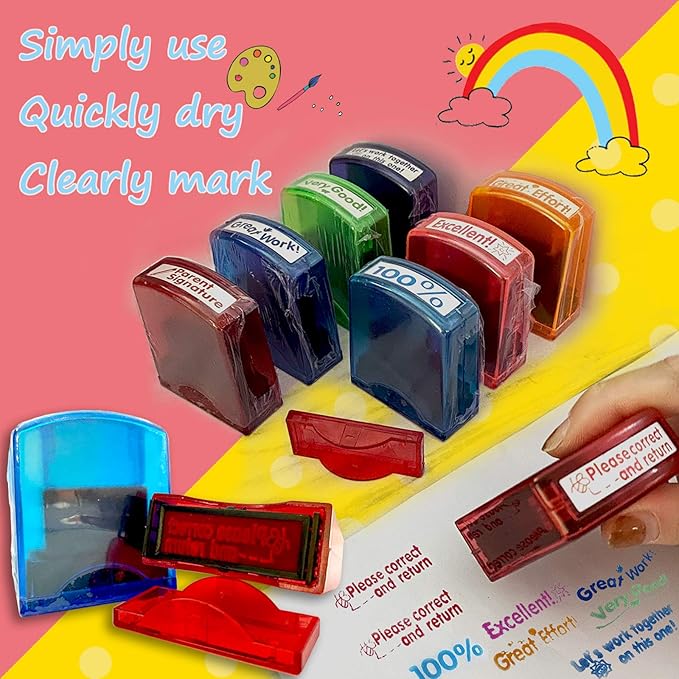 Teacher Stamps for Grading Classroom,Parent Signature Teacher Self-Inking Stamp Set for Homework Teacher Supplies with 8 pcs