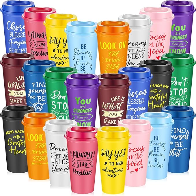 24 Pcs Inspirational Gifts for Employee Coworkers Staff Teammate, 16oz Reusable Plastic Coffee Cups with Positive Sayings, Bundle Gifts for Woman Man Coworker (Bright Color,Inspirational)