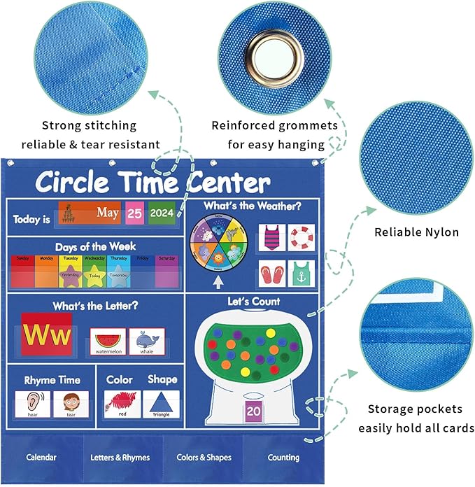Boczif Circle Time Learning Center Pocket Chart for Classroom, Educational Teaching Materials Learning Calendar Weather Number Counting Letter Color Shape Wording Rhyme Pictures (Blue)
