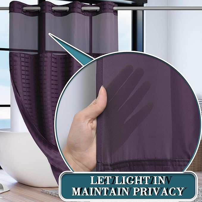 Conbo Mio Stall No Hook Shower Curtain with Snap in Liner Set, Hotel Luxury Purple Shower Curtains for Bathroom with See Through Top Window, Waterproof, Washable 54W x 74H