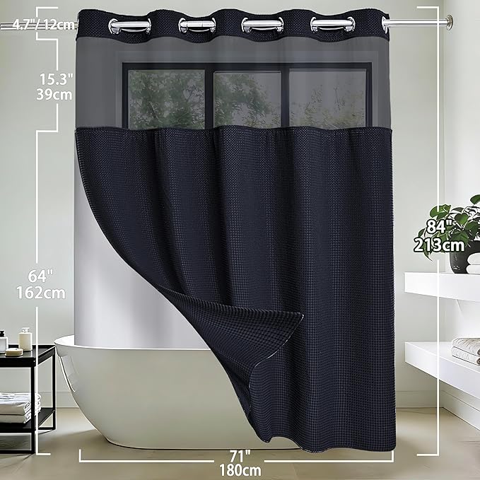 Conbo Mio Extra Long No Hook Waffle Weave Shower Curtain with Snap in Liner Set, Hotel Luxury Black Shower Curtains for Bathroom with See Through Top Window, Waterproof, Washable 71W x 84H