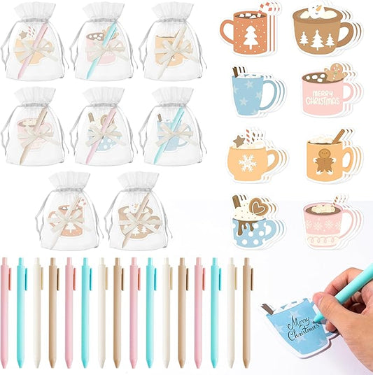 Xqumoi Winter Hot Cocoa Sticky Notes with Pen Gift Set - 24 Set Christmas Coffee Self Sticky Writing Memo Pads Ballpoint Pens with Mesh Bag Party Favors School Classroom Rewards Office Supplies