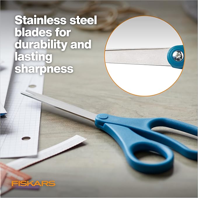 Fiskars 8" Scissors for Home & Office (2-Pack), Stainless Steel Scissors, All Purpose Cutting for Home, Arts & Crafts, Blue