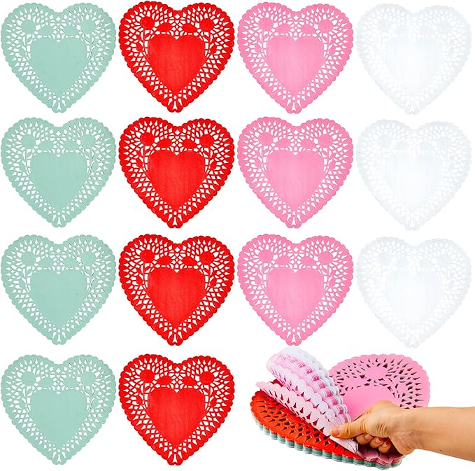 JOYIN 102 PCS 10" Valentines Day Heart Doilies, Tableware Decoration, Home Activitie, Kitchen Disposable Table Crafts, Red White Pink Green Heart Doilies