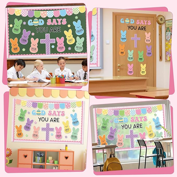 Easter Christian Bulletin Board Decorations God Says You are Religious Classroom Paper Cutouts Inspirational Cross Bunny Decor for Sunday School Church Classroom Chalkboard Wall Decor Teacher Supplies