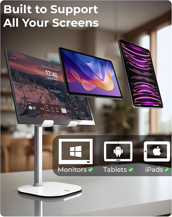 COOPER TabHolder, 7-10" Height Adjustable Tablet Stand, Premium iPad Stand for Desk, 270° Tilt iPad Holder, Kindle Holder, 15.6-17" Portable Monitor Support (White)