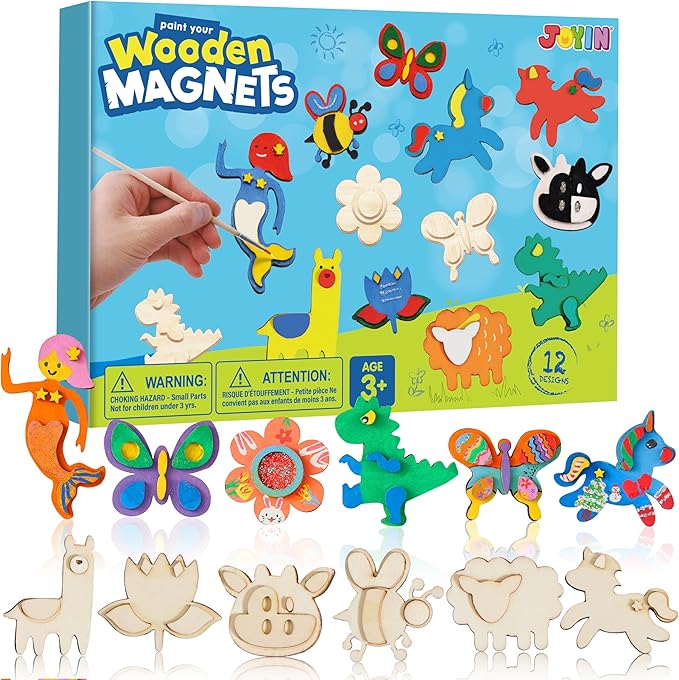 JOYIN 12 Wooden Magnet Creativity Arts & Crafts Painting Kit for Kids, Decorate Your Own Painting Gift for Easter Basket Stuffers, Birthday Parties and Family Crafts, Party Favors for Boys Girls