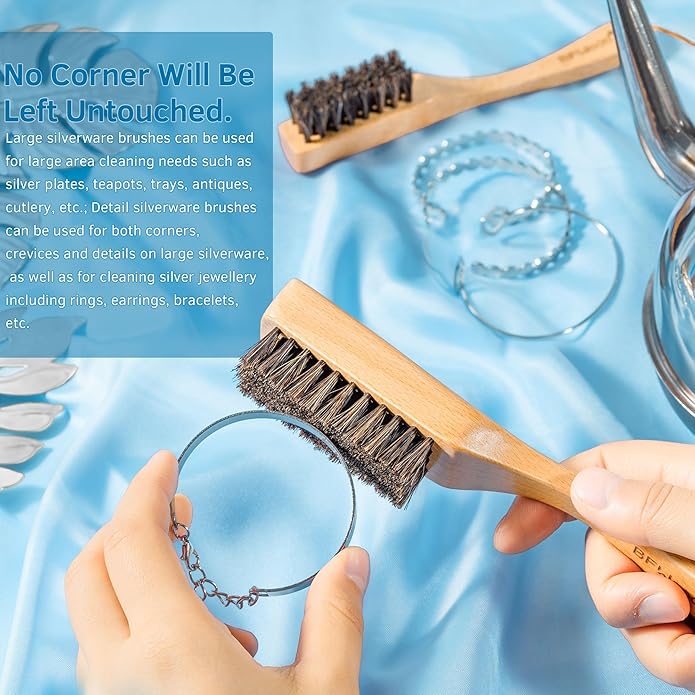 BFWood Horsehair Silver Brush - Detailing Brush Set for Silverware - Jewelry Cleaning Brushes for Sterling, Cutlery, Metal - Perfect Match for Silver Polish