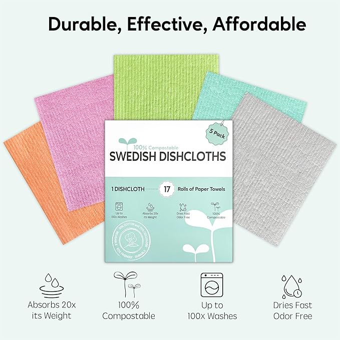 Swedish Dishcloths for Kitchen, 5 Pack Swedish Dish Cloths, Ultra Absorbent Reusable Paper Towels, Cellulose Sponge Cloths, Quick Drying, No Odor, Dishwasher Safe