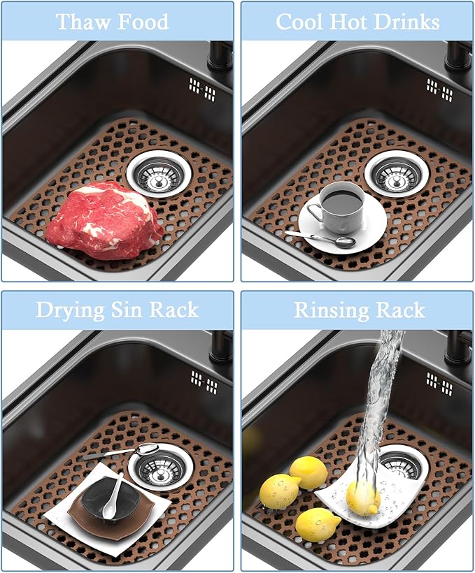2 Pack Silicone Sink Protector for Kitchen Sink Bathroom, 13.58" x 11.6" Heat-resistant Sink Mat Non-Slip and Durable Silicone Protectors, Rear Drain, Coffee
