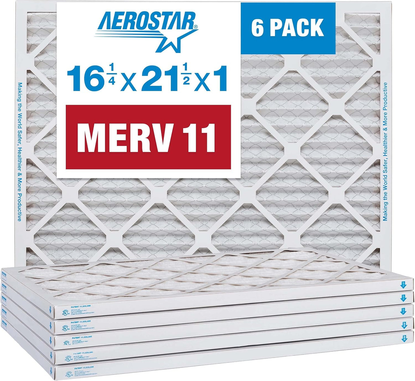 Aerostar 16 1/4x21 1/2x1 MERV 11 Pleated Air Filter, AC Furnace Air Filter, 6 Pack (Actual Size: 16 3/8" x 21 1/2" x 3/4")