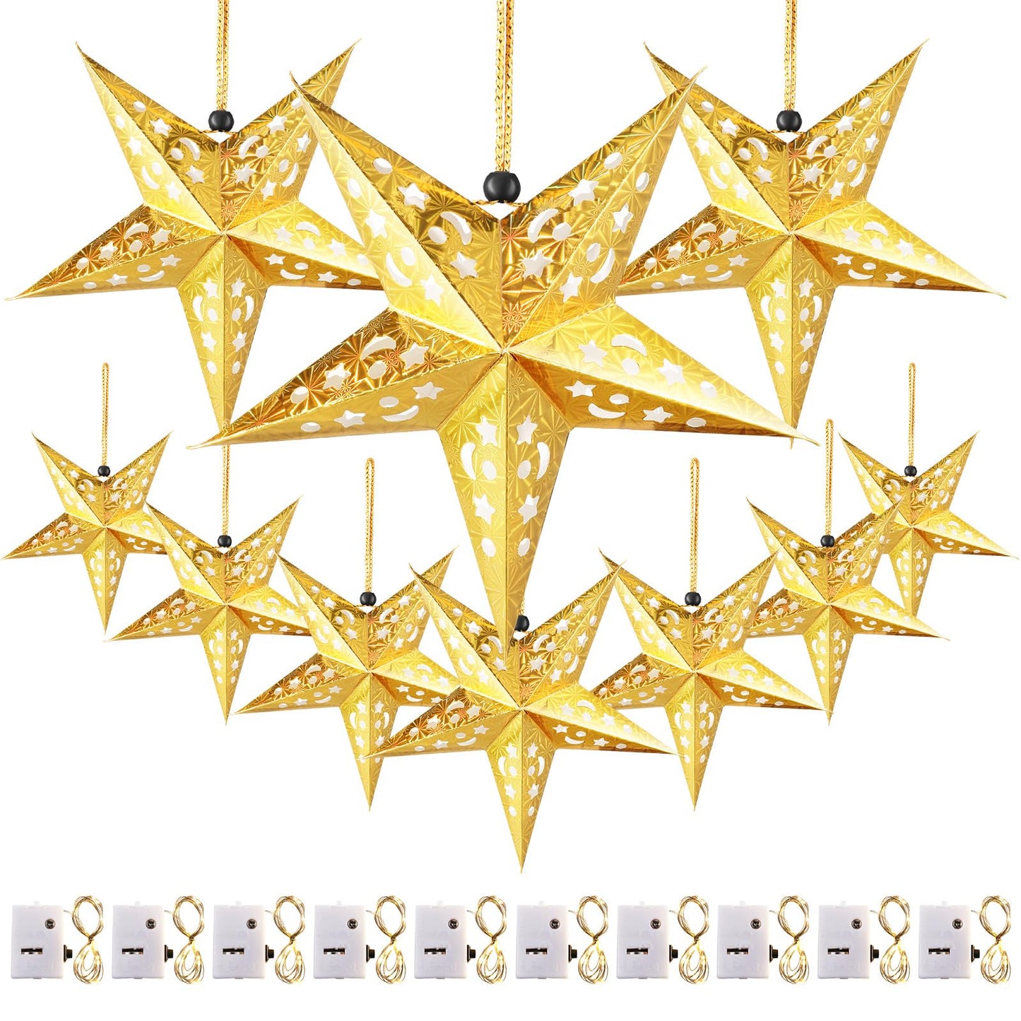 Zhanmai 3D Paper Star Lanterns with LED Lights, 11.8 Inch, Gold, 10 Pcs, Model Zhanmai-Lampshade-09, Christmas Hanging Decoration