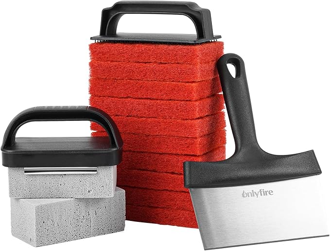 onlyfire 15Pcs Griddle Cleaning Kit for Blackstone, Flat Top Grill Cleaning Kit with Grill Stone, Griddle Scraper, Scouring Pads, Grill Bricks and Handles