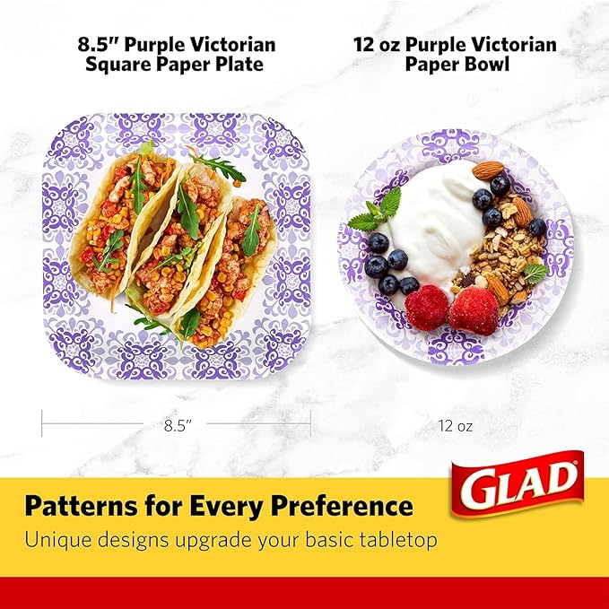 Glad Round Disposable Paper Bowls, Purple Victorian Design - Heavy Duty, Soak Proof, Cut-Resistant, Microwavable Bowl for All Foods & Daily Use, 12 Oz, 20 Count - 2 Pack