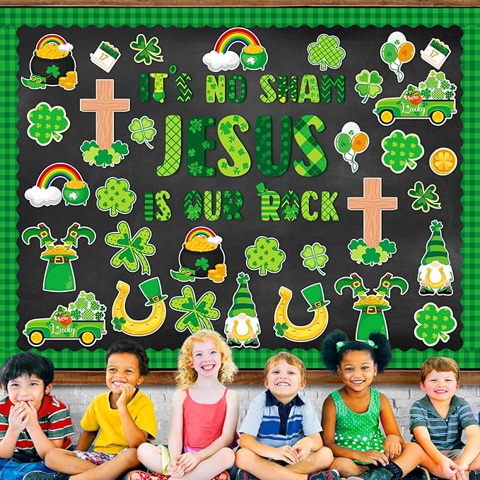 gisgfim St. Patrick's Day Jesus Bulletin Board Decorations Jesus is Our Rock Bulletin Board Set Happy St.Patrick Luck Shamrock Clover Cutouts Borders Decor for Irish Classroom Home Wall(St. Patrick's)