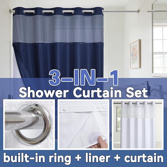Conbo Mio Extra Long No Hook Waffle Weave Shower Curtain with Snap in Liner Set, Hotel Luxury Dark Blue Shower Curtains for Bathroom with See Through Top Window, Waterproof, Washable 71W x 84H Stripe