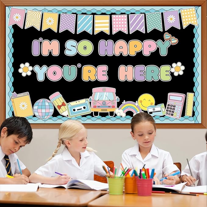 Groovy Back to School Bulletin Board for Classroom Decoration I'm So Happy You're Boho Retro Here Hippie Bulletin Board Set Rainbow Cutouts Daisy DIY Photo for Chalkboard Wall Teacher Decor