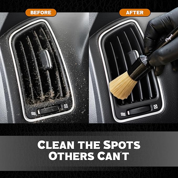 Premium Car Detailing Brush Set - Complete Professional 6 Pack Kit Detail Brushes with Soft Boars Hair Bristles for Auto Interior & Exterior - for Cleaning Leather Seats, Air Vents, Wheels & Emblems