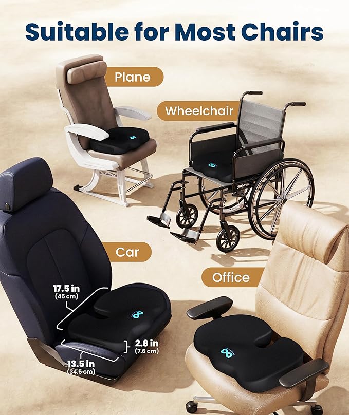 Everlasting Comfort Doctor Recommended Memory Foam Seat Cushion for Office Chairs & Car - Ergonomic Office Desk Accessories - Cushions for Tailbone Pain Relief, Sciatica (Black Cooling, Large)