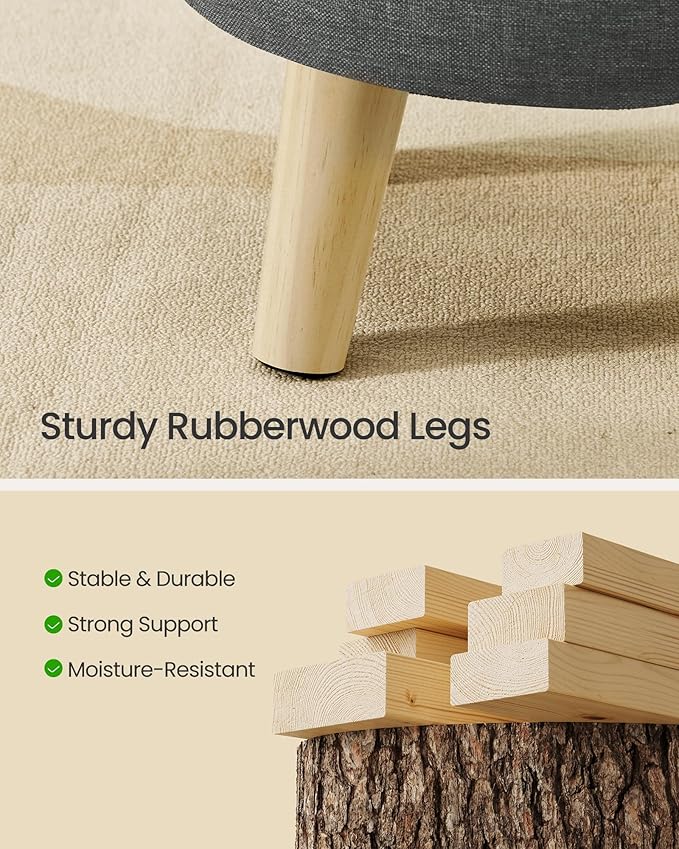 SONGMICS Storage Ottoman, Foot Stool, Round Ottoman with Padded Seat, Foot Rest with Wood Legs, Small Table, for Hallway, Living Room, 12.2 Inches, Linen-Look Fabric, Slate Gray ULOM514GN01