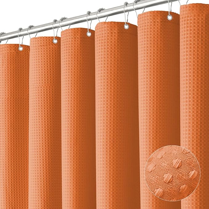 Dynamene Extra Long Shower Curtain - 84 Inch Long Waffle Weave Heavy Duty Fabric Bathroom Shower Curtain, Neutral Weighted Hotel Thick Bath Curtain Set with 12 Plastic Hooks,72x84, Burnt Orange