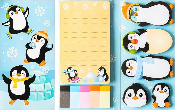 B1ykin Cute Sticky Notes Set - Winter Snowflake Penguin Shaped Self-Stick Notes Pad, 550 Sheets Writing Memo Pages Sticky Notepad for Teacher Appreciation Gifts, School Office Supplies (Penguin)
