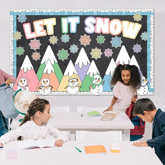 Winter Bulletin Board Decoration Let It Snow Bulletin Board Set Pastel Mountains Snowman Snowflake Cutouts Classroom Decoration for School Chalkboard Wall Door Holiday Christmas Xmas Supplies