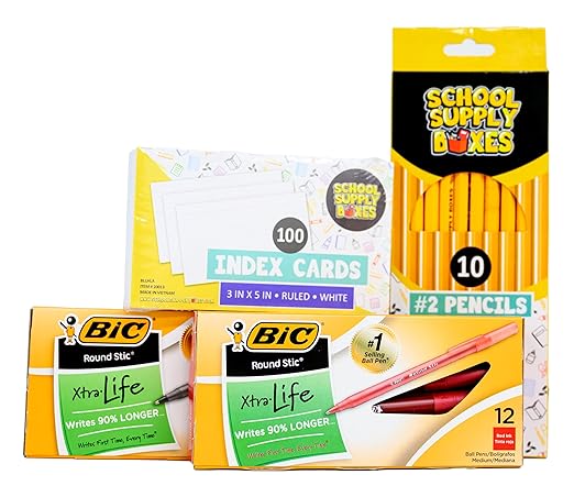 School Supply Boxes | Elementary Writing Pallet (112 Boxes) | Back to School Essentials Kit for Students & Teachers | Includes Wide-Ruled Filler Paper, Wide-Ruled Notebooks, 12 ct. Pens, & More