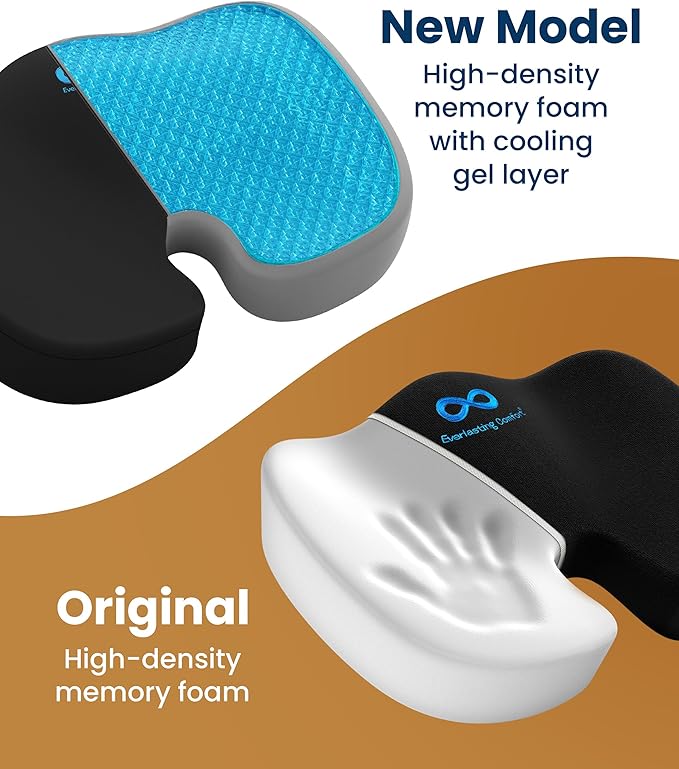 Everlasting Comfort Doctor Recommended Memory Foam Seat Cushion for Office Chairs & Car - Ergonomic Office Desk Accessories - Cushions for Tailbone Pain Relief, Sciatica (Black Cooling, Large)