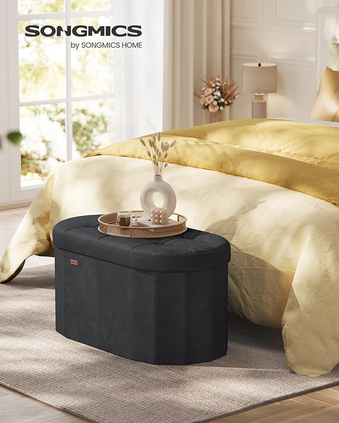 SONGMICS Mazie Collection - Folding Ottoman with Storage, Oval Storage Ottoman Bench, for Living Room, Bedroom, Velvet Fabric, 15 x 30 x 15 Inches, Ink Black ULSF267BH01