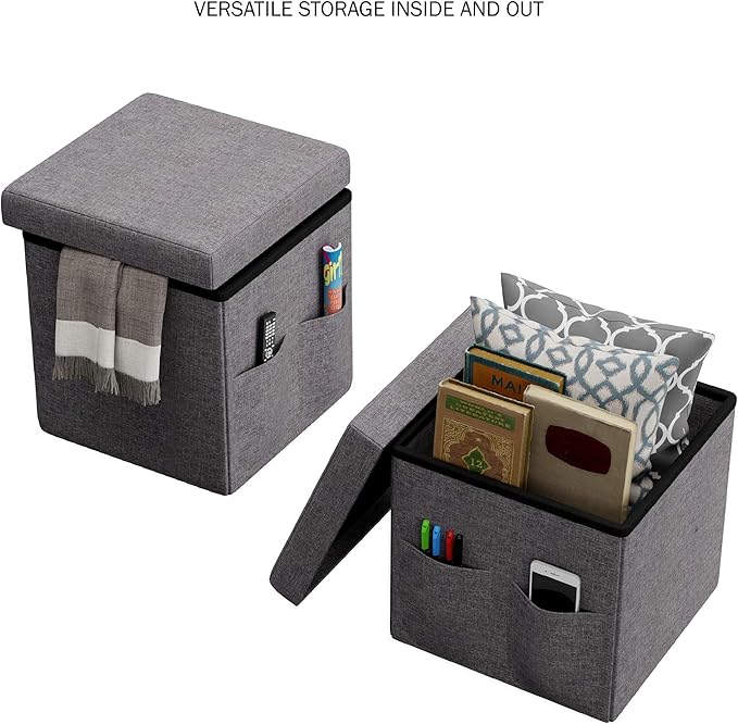 Set of 2 Ottomans with Storage Pockets - 15-Inch Folding Foot Rests or Storage Organizers for Bedroom, Living Room, or Dorm by Lavish Home (Gray)